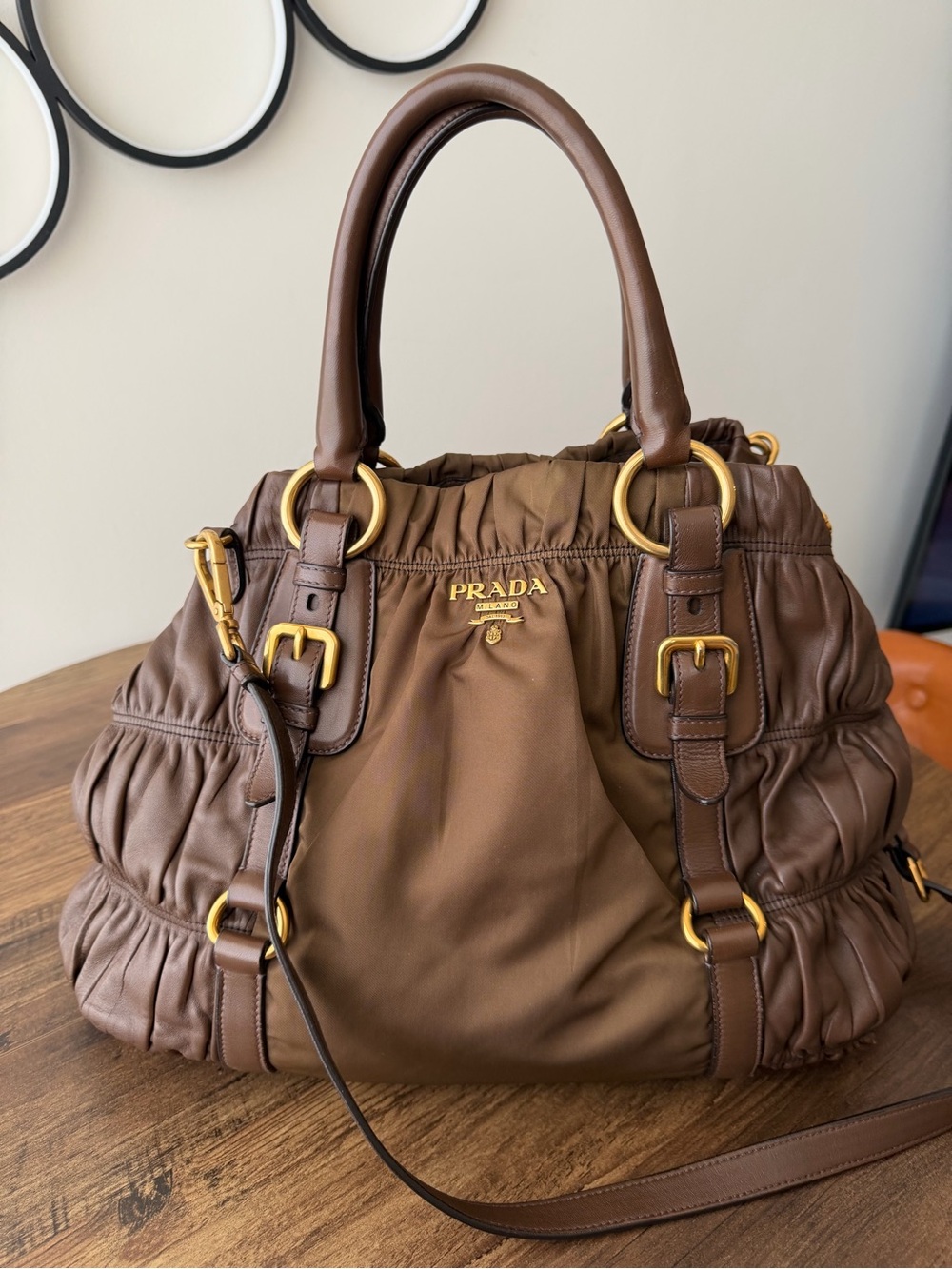 Prada Brown Nylon and Leather Shoulder Bag with Gold Hardware